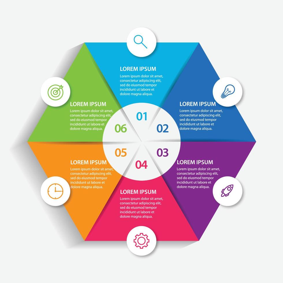 hexagon infographic designmall med steg 6 för företag vektor