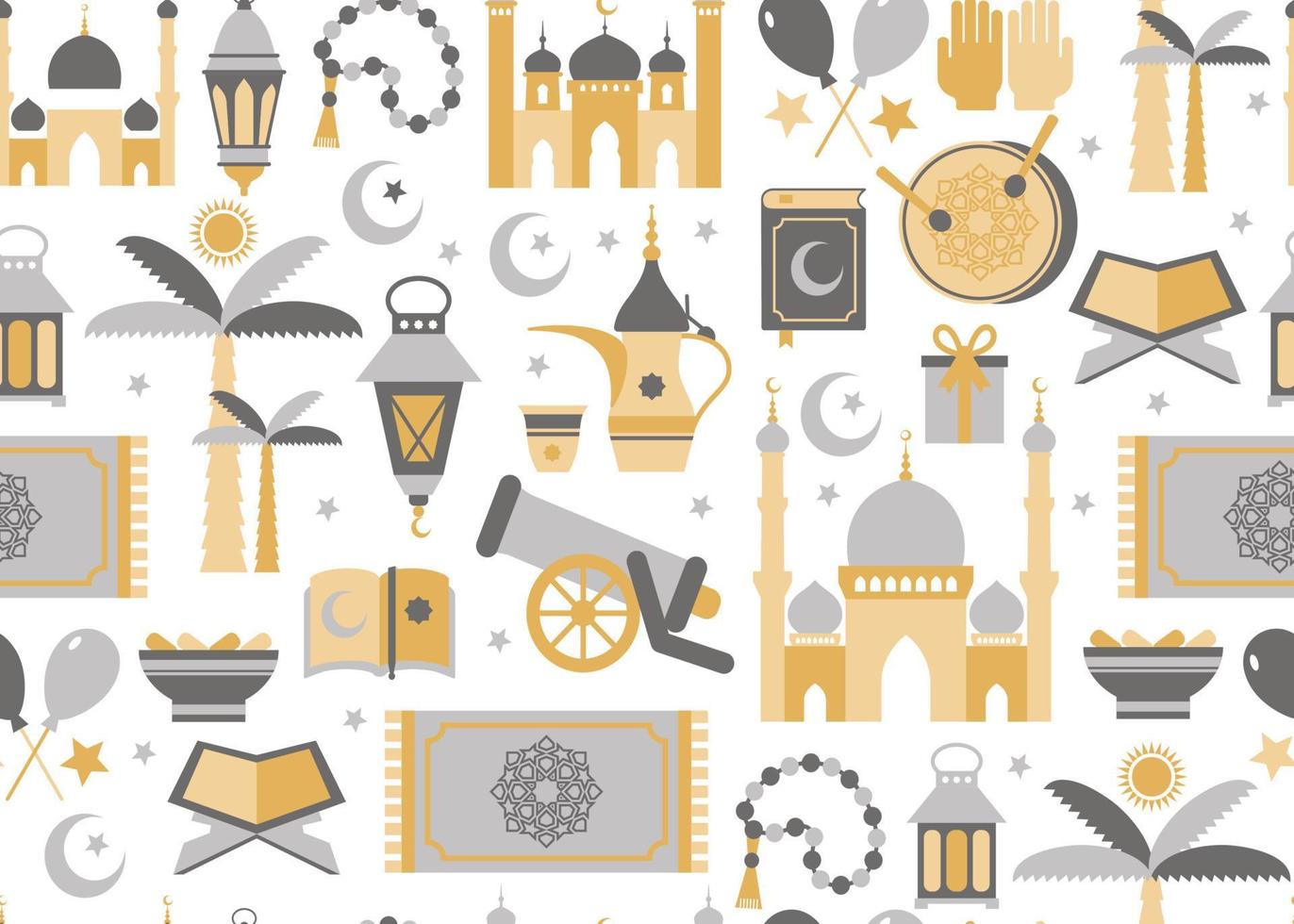 ramadan kareem guld ikoner set av arabian.seamless mönster på vit bakgrund. vektor