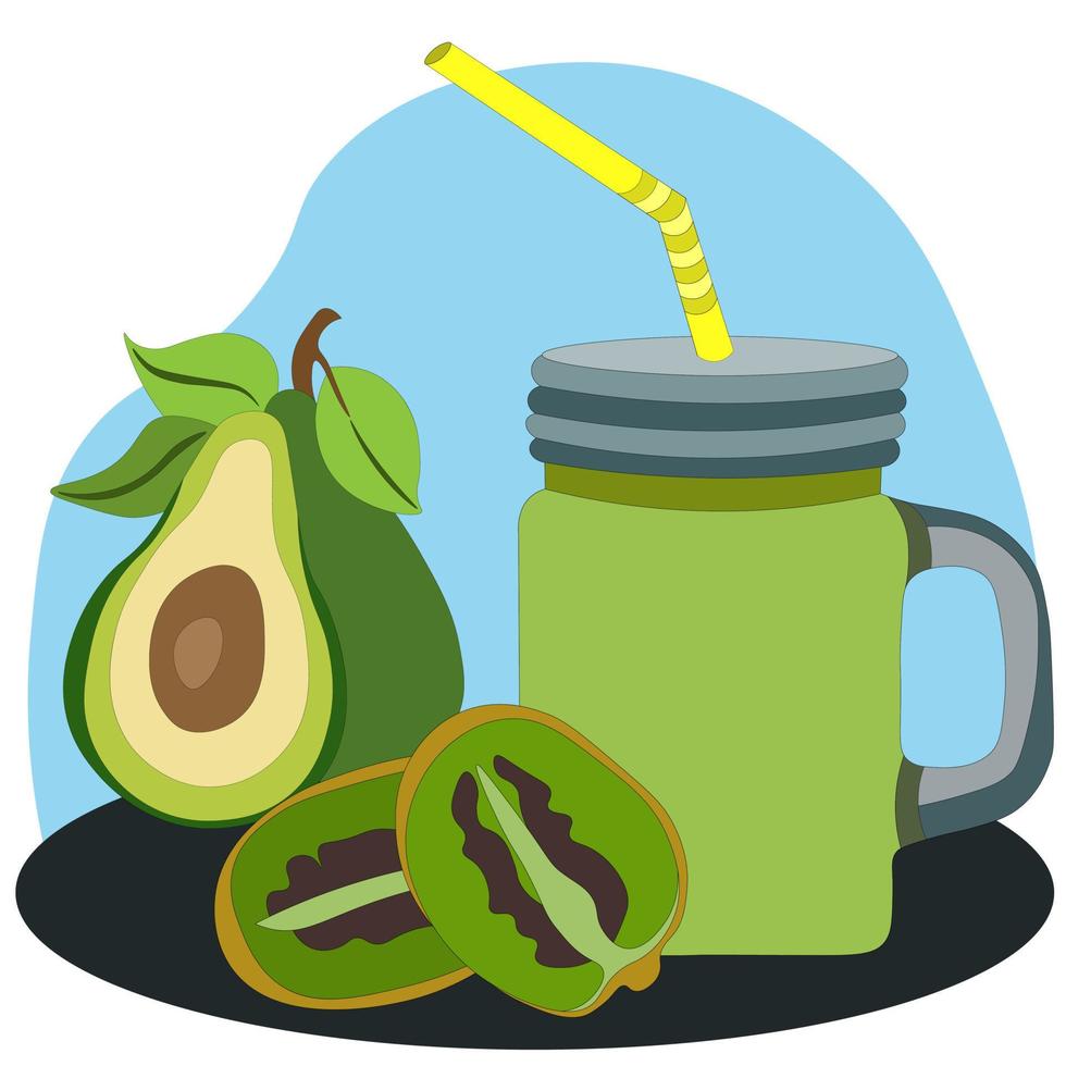 Top-Vektor-Illustration von Avocado- und Kiwi-Smoothies im Glasbecher mit Trinkschlauch. Gesundes Entgiftungsgetränk mit Vitaminen, veganer Cocktail. gesundes Obst essen. vektor