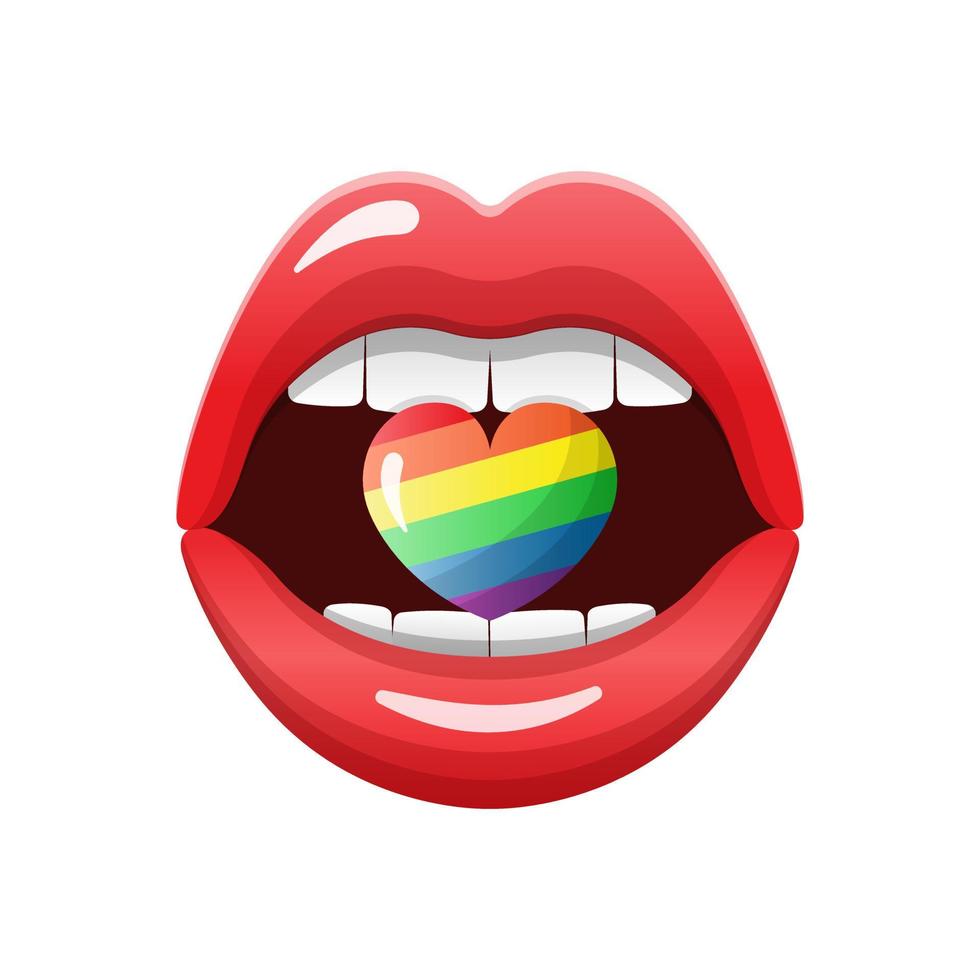 öppen mun med regnbågshjärta. homosexuella och lesbiska läppar lgbt pride symbol. vektor illustration isolerad på vit bakgrund.