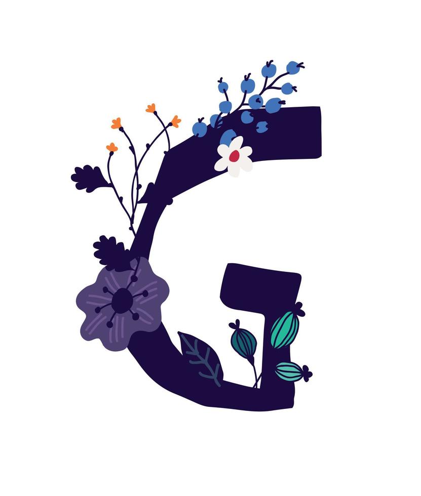 illustration av bokstaven i växter och blommor. vektor. monogram för banner, gratulationskort. sammansättning av buketter och växter, herbarium. tecknad stil. bilden av sommar och vår. vektor