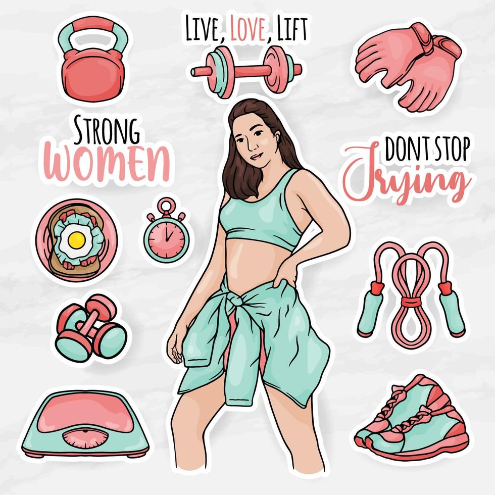 moderna kvinnor klistermärken ClipArt samlingar med tjej gym utrustning vektor