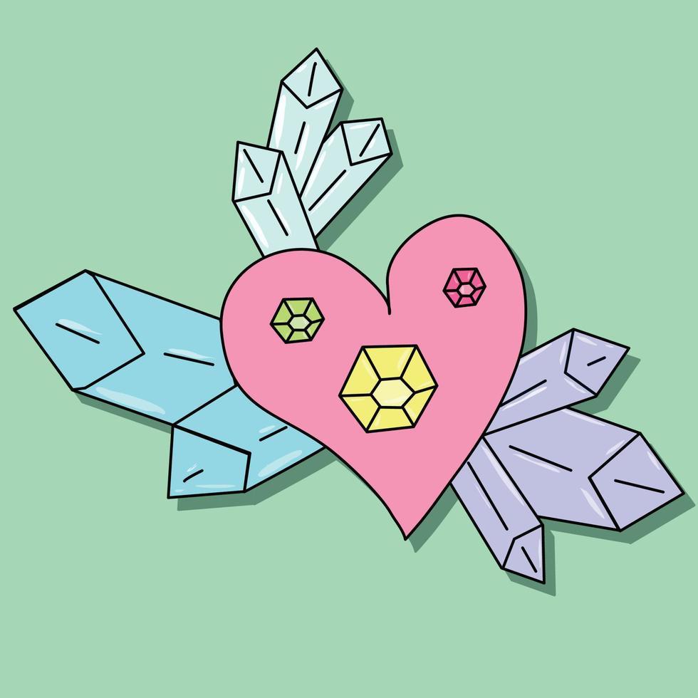 doodle handritat hjärta med kristaller i olika färger vektor