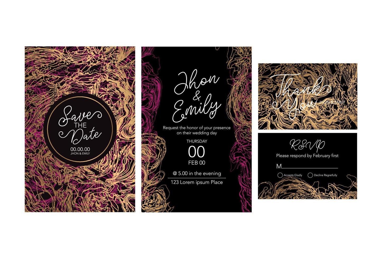 einladung zur hochzeit, eine große feier der liebhaber, der braut und des bräutigams. hintergrundtextur luxus flüssiger marmor und gold. für visitenkarten, flyer, flyer, banner, website, papierdruck. vektor