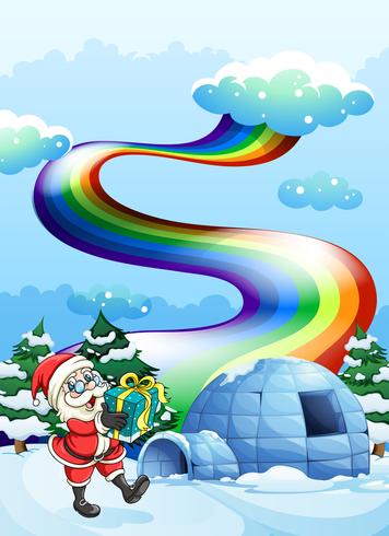 Santa Claus nära igloo och en regnbåge i himlen vektor