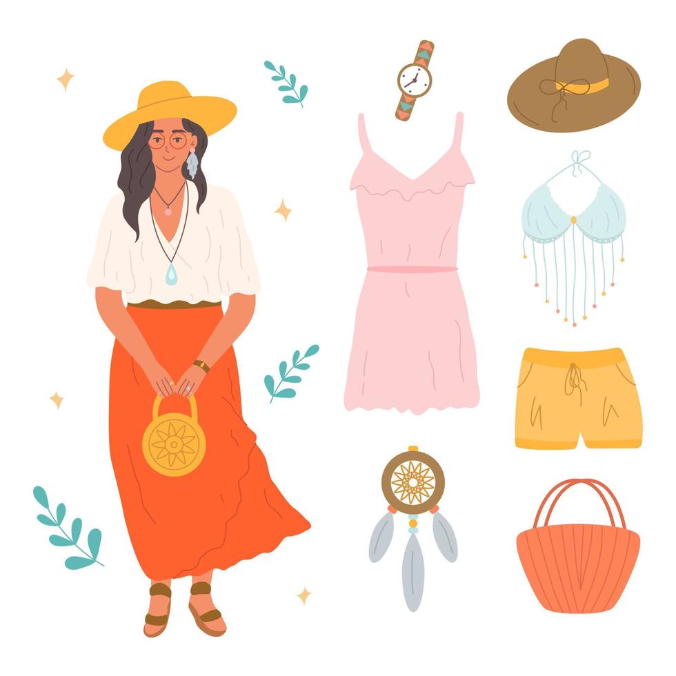 set boho outfits kläder, flicka i kjol med hatt och handväska, rosa klänning, shorts, topp, klocka, drömfångare, vektorillustration i platt stil vektor