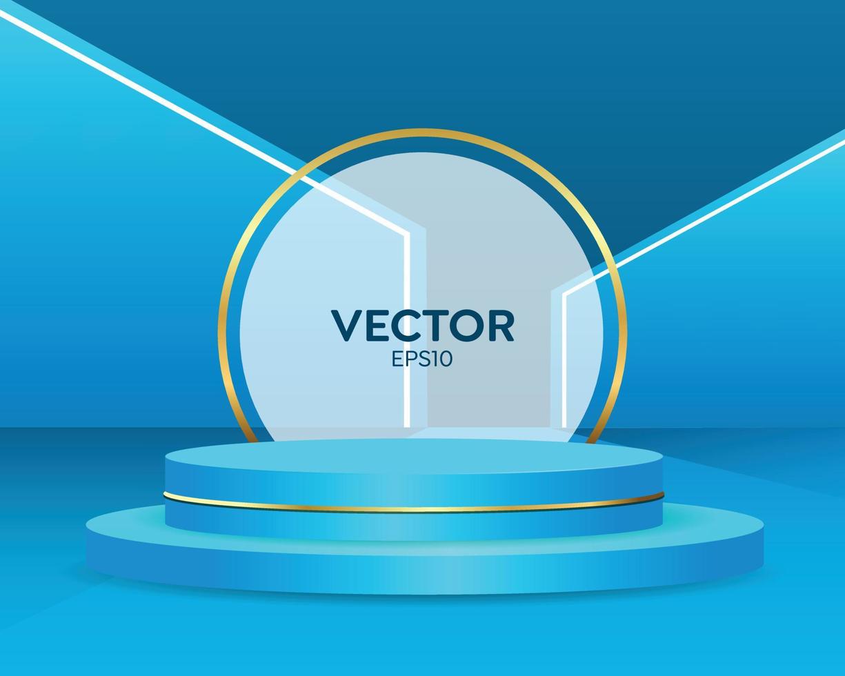 lyxigt vitt och blått färgcylinderpiedestal. ljusblå minimal väggplats. cirkel bakgrund och fönsterbelysning. abstrakt modern vektor som framför 3d form för produktvisningpresentation.