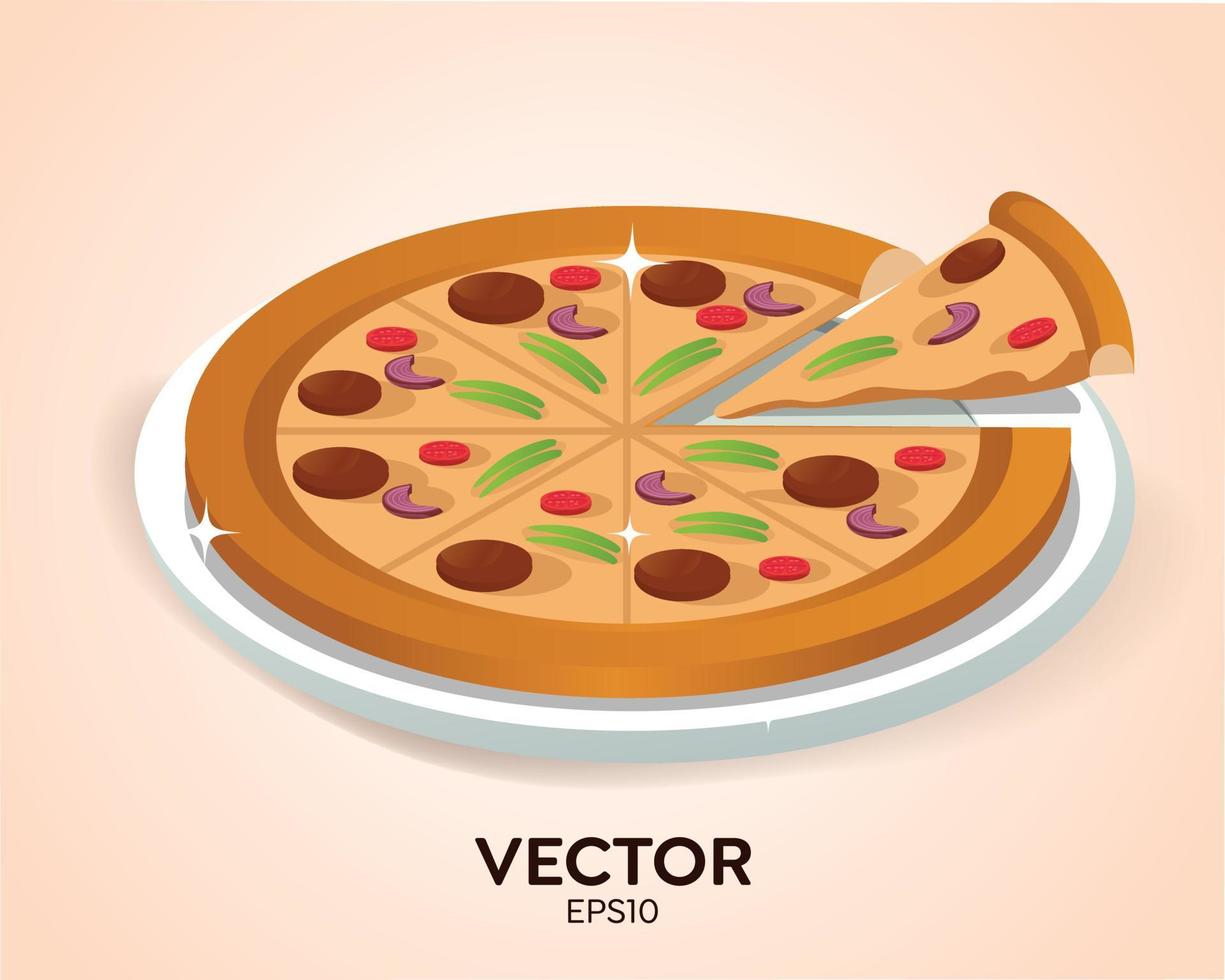 en aptitretande pizza med skivade tomater, paprika, svamp, svarta oliver, pepperoni, ost ligger på tallriken. snabbmat, snacks. mycket läcker pizza vektorillustration vektor