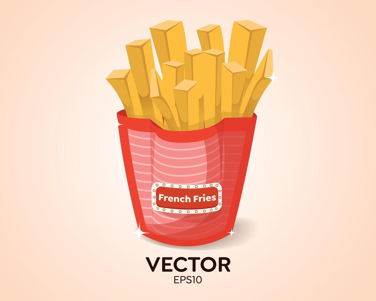 vektor potatis pommes frites i röd kartong paketlåda, snabbmat - pommes frites mock up mall. pommes frites i papperskorgen. serie av mat och dryck och ingredienser för matlagning.