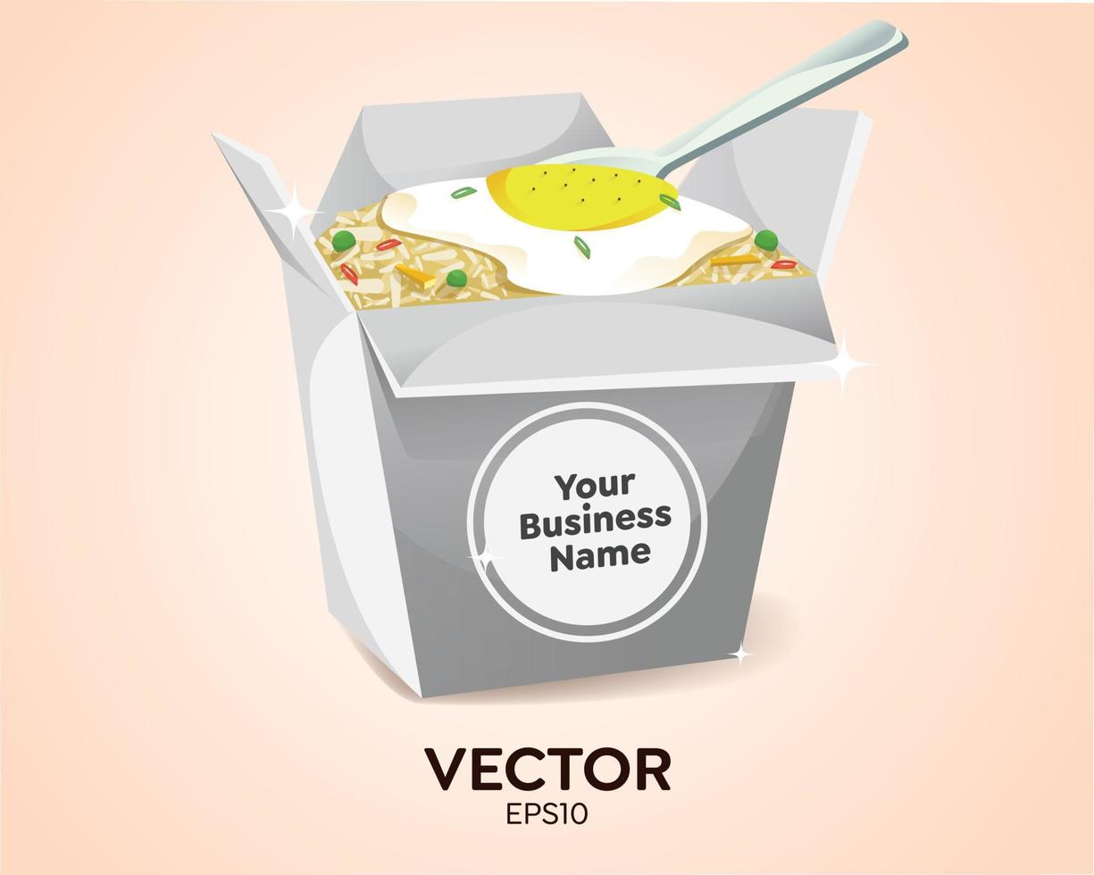 stekt ris i en mycket läcker förpackning med ett halvkokt ägg på toppen, kan användas för ditt företag och kan anges i din företagslogotyp. vektor
