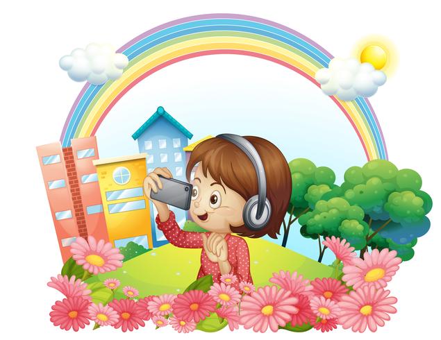 Ein Mädchen mit einem Kopfhörer und einem Telefon mit Kamera vektor