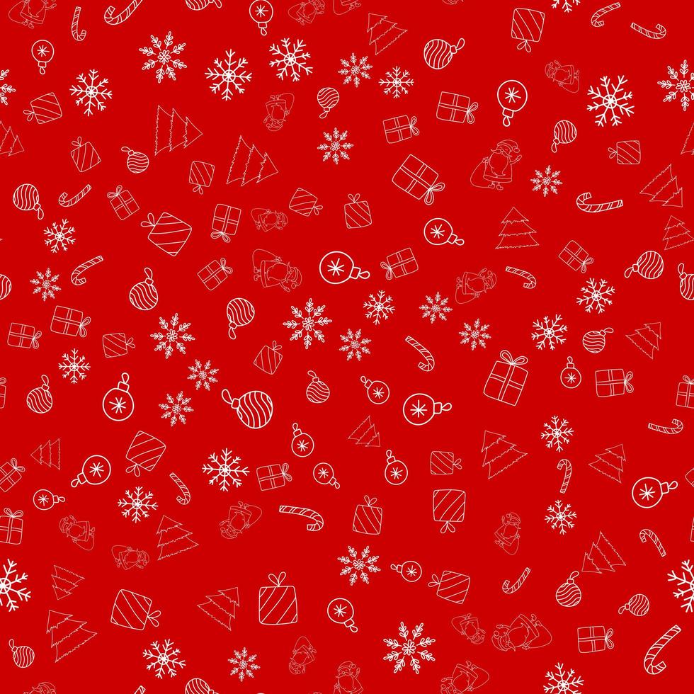 Neujahr nahtlose Vektormuster mit Weihnachtsschmuck, Weihnachtsmann, Schneeflocke, Zuckerstange, Baum, Geschenke auf rotem Hintergrund vektor
