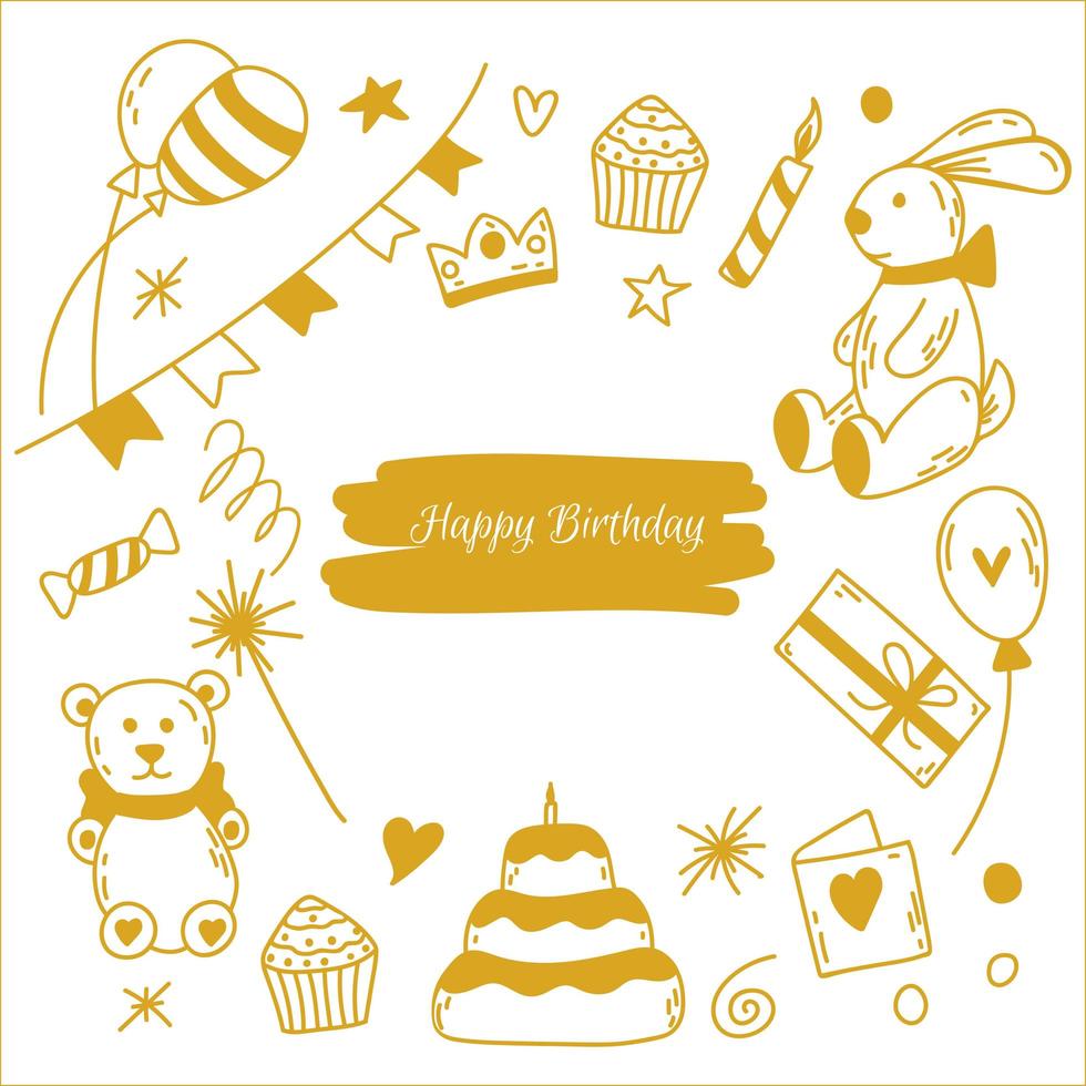 handgezeichnete Doodle-Geburtstagskarte. vektorillustration mit kuchen, kerze, girlande, hase, teddybär, geschenkbox und schleifen, karte, krone, sternen, wunderkerzen, konfetti. vektor