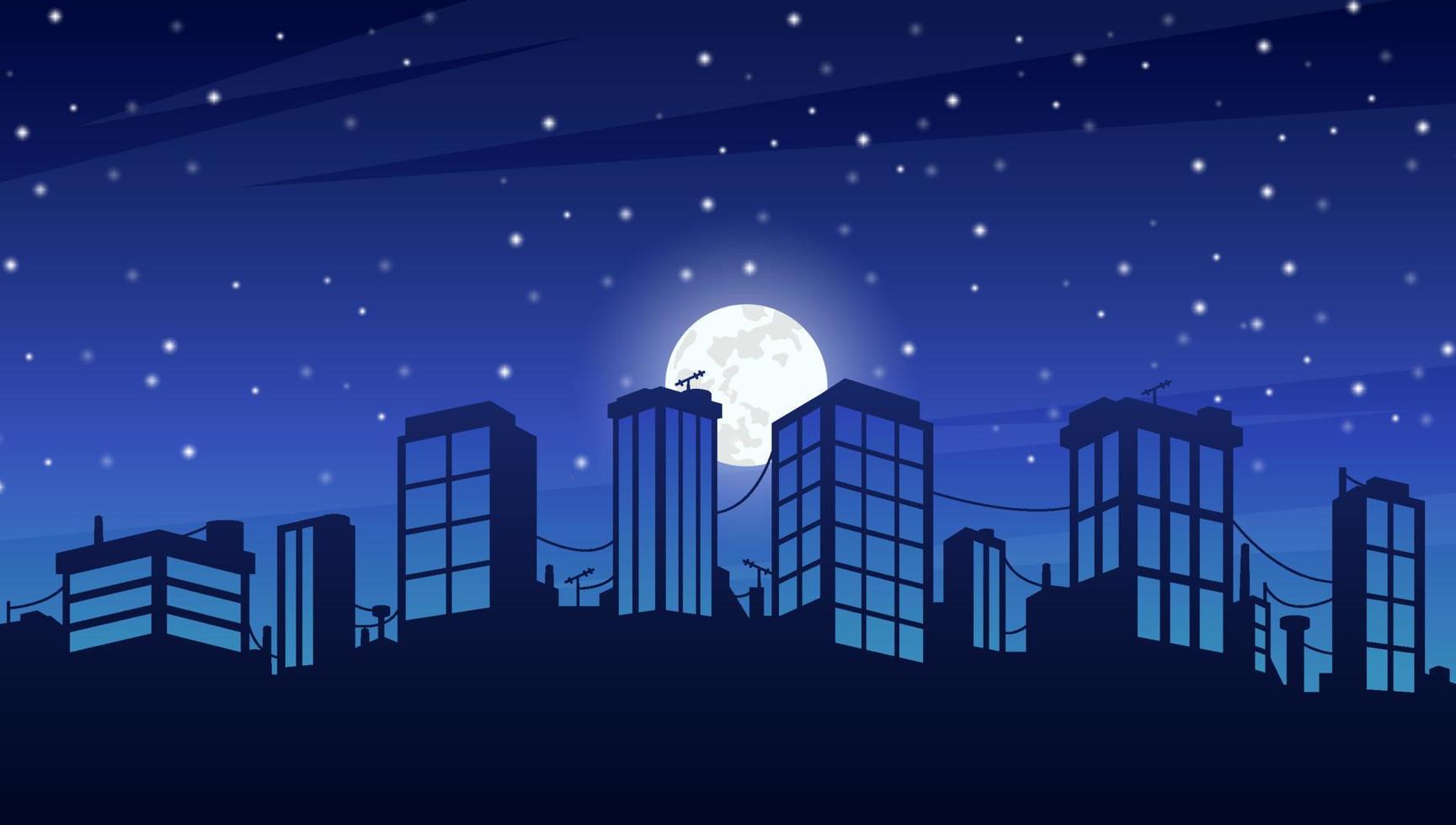stadsbilden på natten med månen och stjärnan. vektor