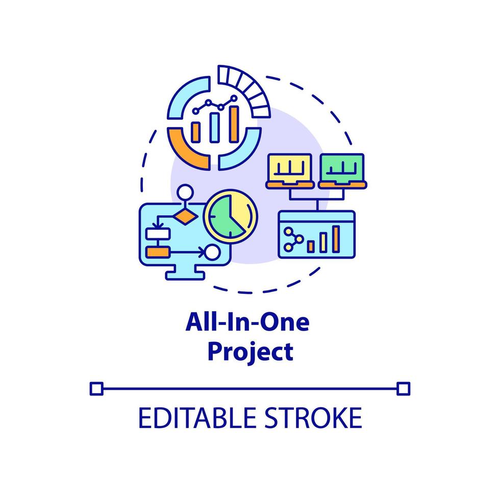 Symbol für das All-in-One-Projektkonzept. Geschäftsprogramm abstrakte Idee dünne Linie Illustration. den Gesamtfortschritt verfolgen. isolierte Umrisszeichnung. editierbarer Strich. Roboto-Medium, unzählige pro-fette Schriftarten verwendet vektor