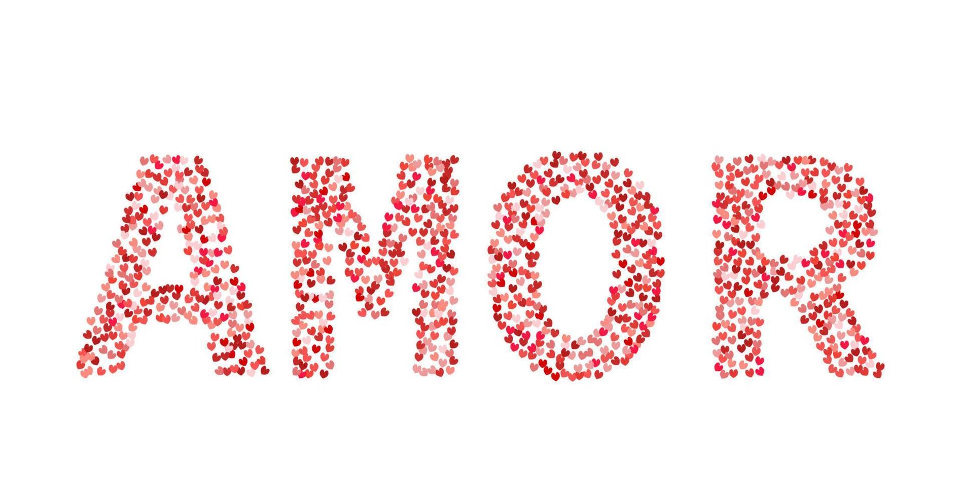 Das Wort Amor besteht aus kleinen Herzen in Rot- und Rosatönen. Liebe auf spanisch. typografieplakat zum valentinstag. Vektor-Illustration. einfach zu bearbeitende Vorlage für Ihre Kunstwerke. vektor