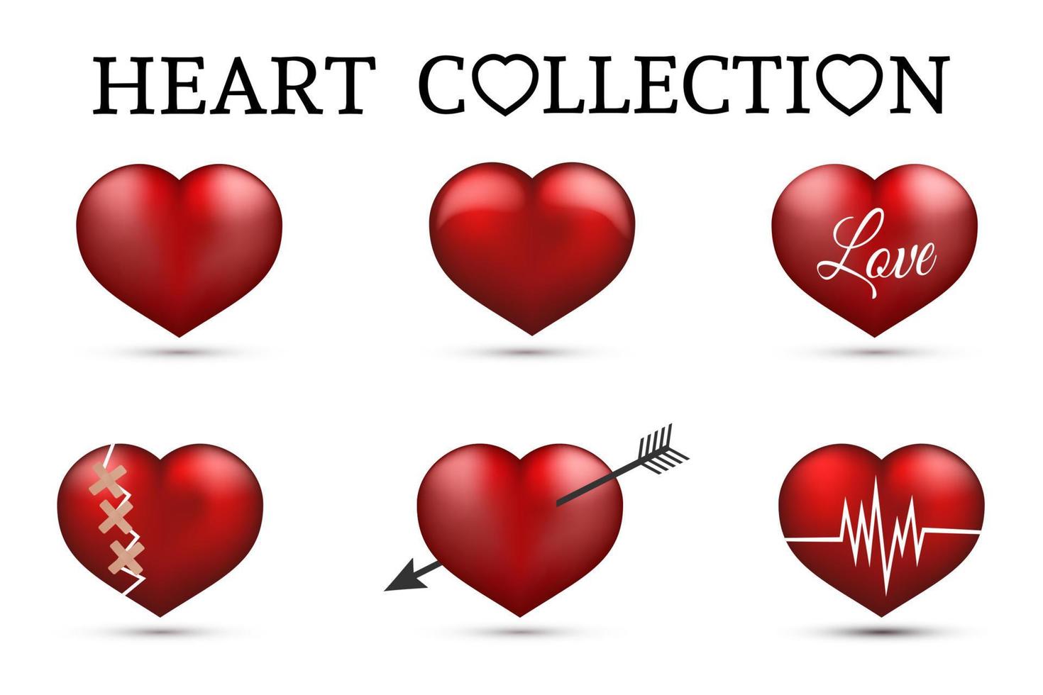 rött hjärta samlingar. uppsättning av sex realistiska hjärtan isolerad på vit bakgrund. 3d ikoner. Alla hjärtans dag vektorillustration. kärlekshistoria symbol. lätt att redigera designmall. vektor