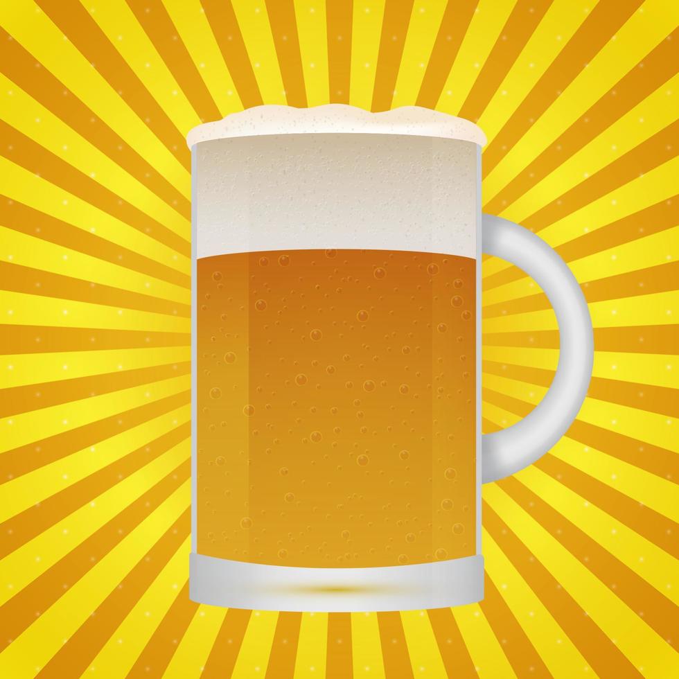 realistischer becher bier auf gelbem und orangefarbenem pop-art-hintergrund. heller Lagerbierschaum und Blasen. Retro-Vektor-Illustration. Thema Oktoberfest. vektor