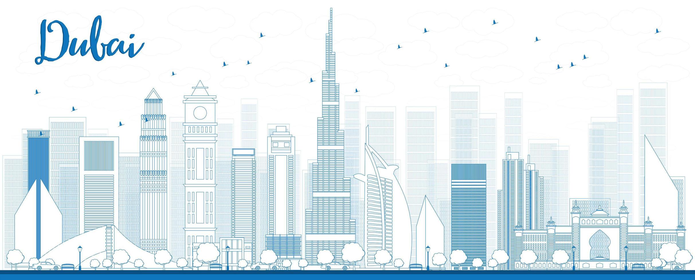 skissera Dubais stadssilhuett med blå skyskrapor vektor