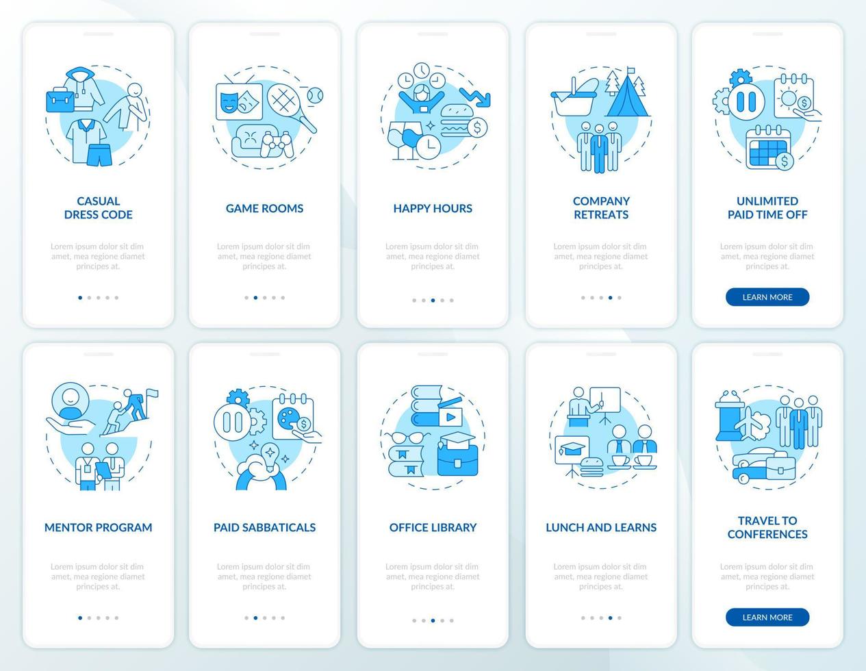 Mitarbeitervorteile beim Onboarding auf der Seite der mobilen App. Prämien für Mitarbeiter des Unternehmens Walkthrough 5 Schritte grafische Anweisungen mit linearen Konzepten. ui, ux, gui-Vorlage. Unzählige pro-fette, normale Schriftarten werden verwendet vektor