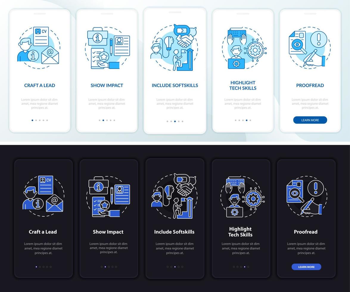 Schreiben des Lebenslaufs beim Onboarding auf der Seite der mobilen App. Komplettlösung 5 Schritte grafische Anweisungen mit Konzepten. Lebenslauf. ui, ux, gui-vektorvorlage mit linearen nacht- und tagmodusillustrationen vektor