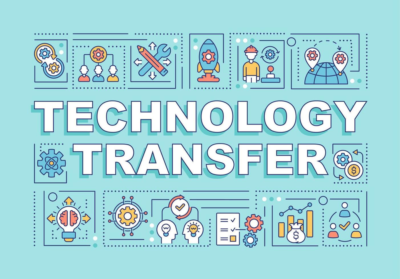 teknik överföring ord begrepp banner. process för dataspridning. infographics med linjära ikoner på turkos bakgrund. isolerad kreativ typografi. vektor kontur färg illustration med text