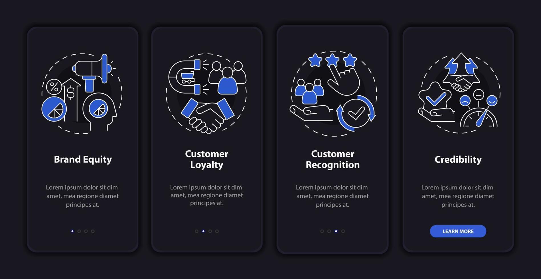 Branding-Vorteile Dunkler Onboarding-Bildschirm der mobilen App-Seite. Planung Business Walkthrough 4 Schritte grafische Anweisungen mit Konzepten. ui, ux, gui-vektorvorlage mit nachtmodus-illustrationen vektor
