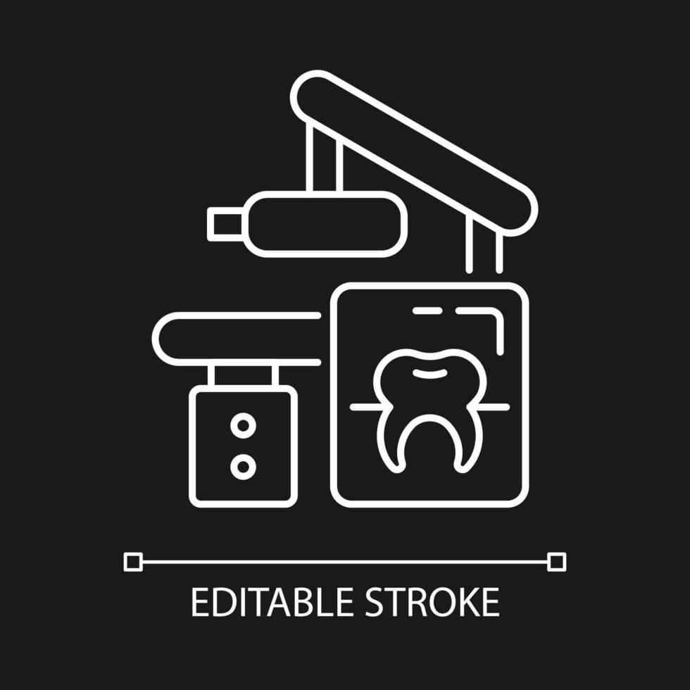 dental röntgenutrustning vit linjär ikon för mörkt tema. fånga patientens mun i en bild. tunn linje anpassningsbar illustration. isolerade vektorkontursymbol för nattläge. redigerbar linje vektor