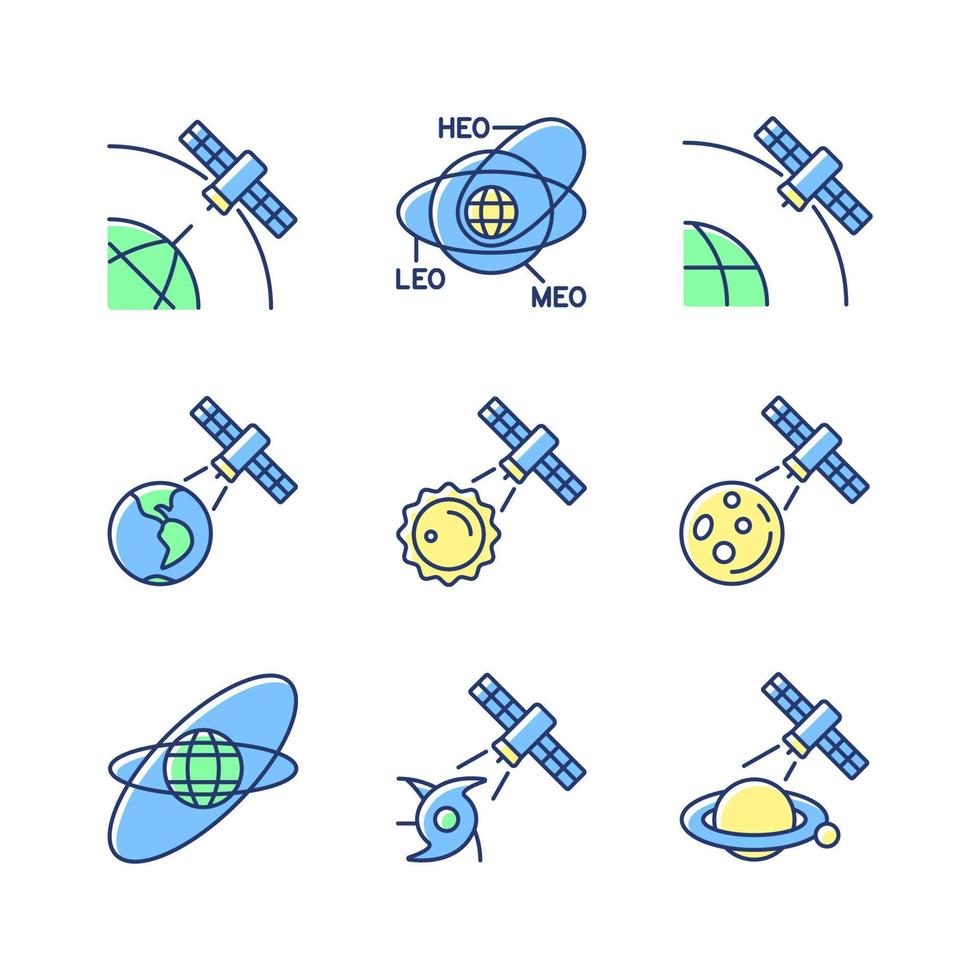 satelliter funktioner grön, blå rgb färg ikoner set. satellitbanor. global telekommunikation nätverksanslutning, signal. isolerade vektorillustrationer. enkla fyllda linjeritningar samling vektor