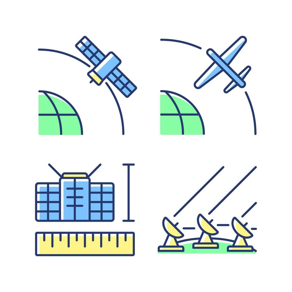 satellitentechnologien grüne, blaue rgb-farbsymbole gesetzt. Boden Satellitensystem. geostationär, Drohne, Nano-Satelliten. isolierte Vektorgrafiken. einfache Sammlung gefüllter Strichzeichnungen vektor