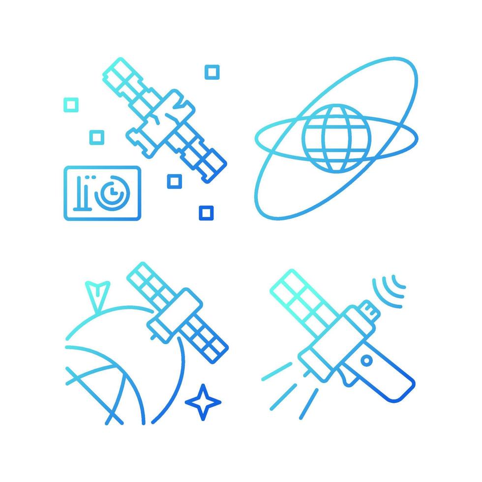 satelliten im weltraumgradienten lineare vektorsymbole gesetzt. Standort von wissenschaftlichen Raumfahrzeugen, Positionierung im Weltraum. dünne Linienkontursymbole bündeln. Sammlung von isolierten Umrissillustrationen vektor