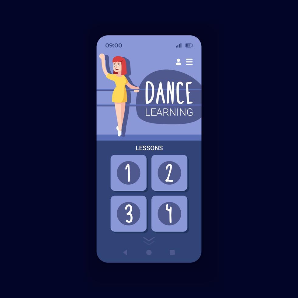 Online-Tanzkurse Smartphone-Schnittstellenvektorvorlage. Seitendesign-Layout für mobile Apps. Online-Fitnessunterricht. Bildschirm mit verschiedenen Tanzroutine-Tutorials. flache Benutzeroberfläche für die Anwendung. Telefonanzeige vektor