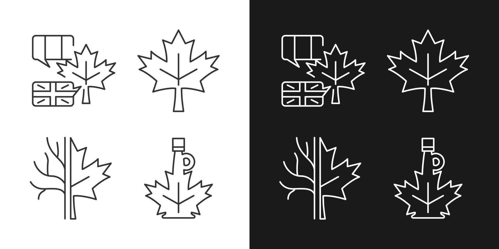 lineare symbole der ahornblattbedeutung, die für den dunklen und hellen modus eingestellt sind. nationales emblem von kanada. Ahornblatt-Symbol. anpassbare dünne Liniensymbole. isolierte vektorumrissillustrationen. editierbarer Strich vektor