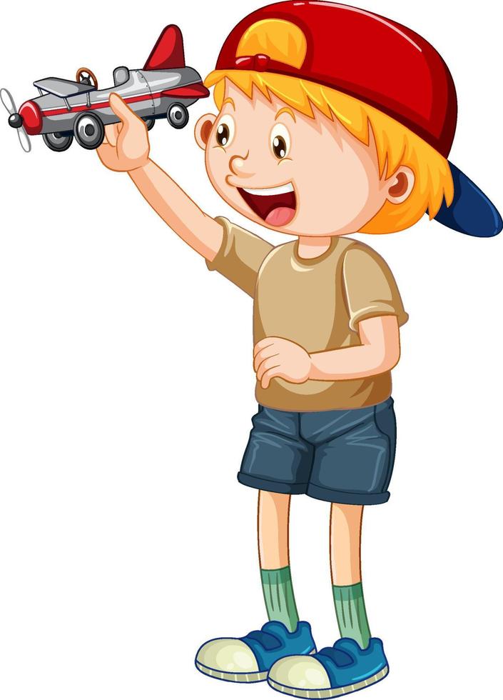 ein Junge mit Mütze spielt Flugzeugspielzeug vektor