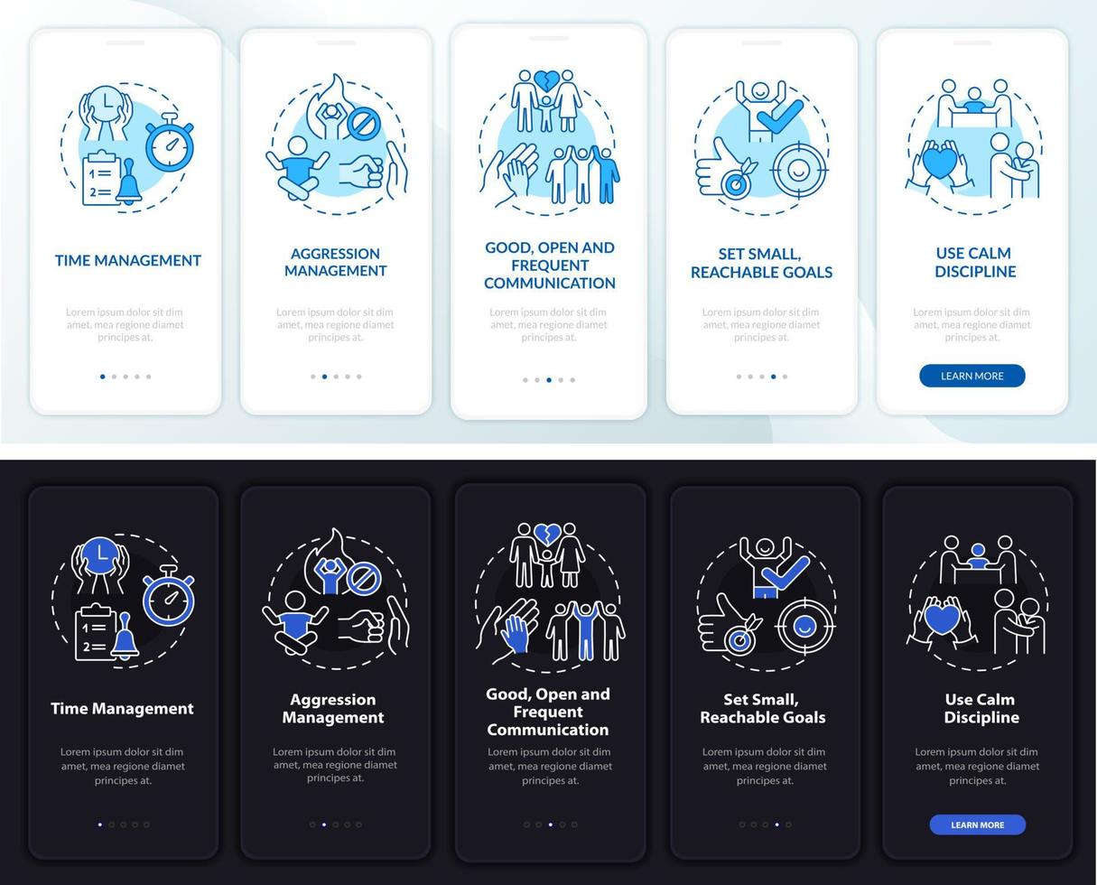 hantera adhd i barns onboarding mobilapp sidskärm. känslor kontroll genomgång 5 steg grafiska instruktioner med koncept. ui, ux, gui vektormall med linjära natt- och daglägesillustrationer vektor