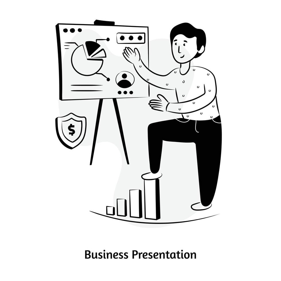 person mit datendiagrammen und grafiken, handgezeichnete illustration der geschäftspräsentation vektor