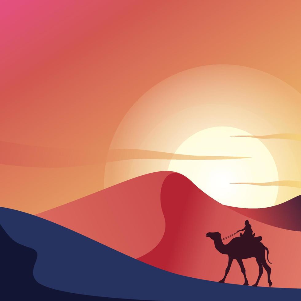 solnedgång bakgrundsdesign i öknen med kameltur vektor