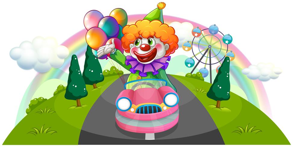 En glad clown ridning i en rosa bil vektor