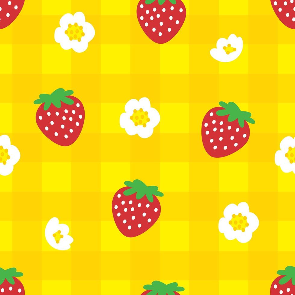 röda jordgubbar tecknade mönsterdesign. söt gul background.seamless pläd, gingham, söta mönster mode, färska och saftiga färgglada livfulla jordgubbar frukt på sommaren. vektor design för mode.