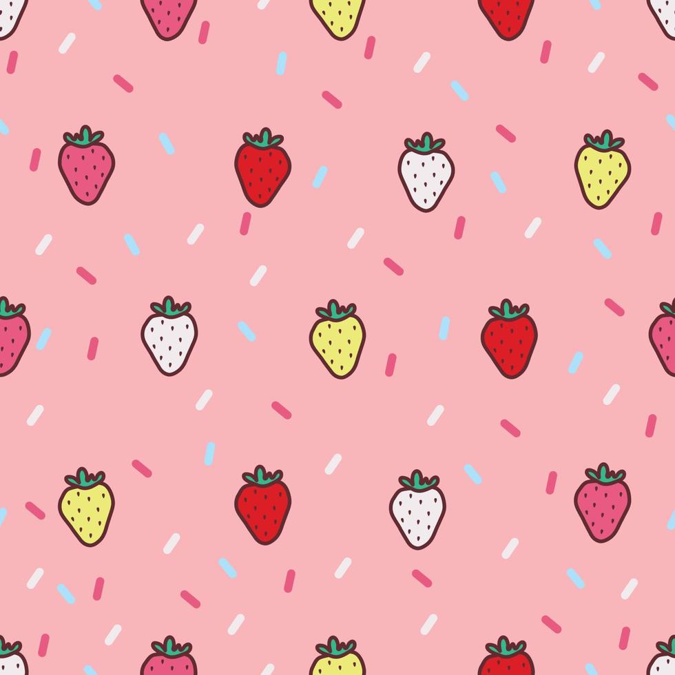 jordgubbar tecknade mönster design. söt rosa bakgrund. det sömlösa söta levande mönstret i tjej- eller babymode, fräsch och saftig färgglad jordgubbsfrukt på sommaren. vektordesign för mode. vektor