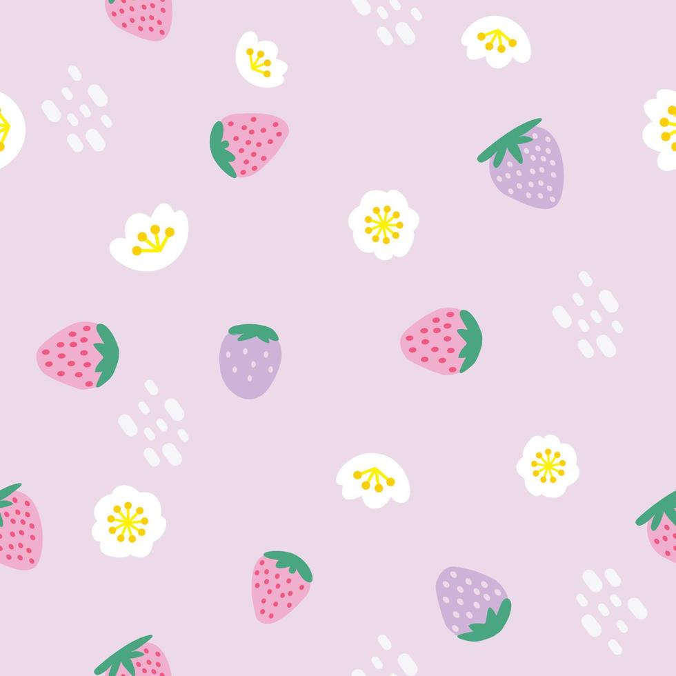 jordgubbe vit blomma tecknade mönster design. lila bakgrund. det sömlösa söta mönstret i tjej- eller babymode, färsk och saftig färgglad jordgubbsfrukt på sommaren. vektordesign för mode. vektor