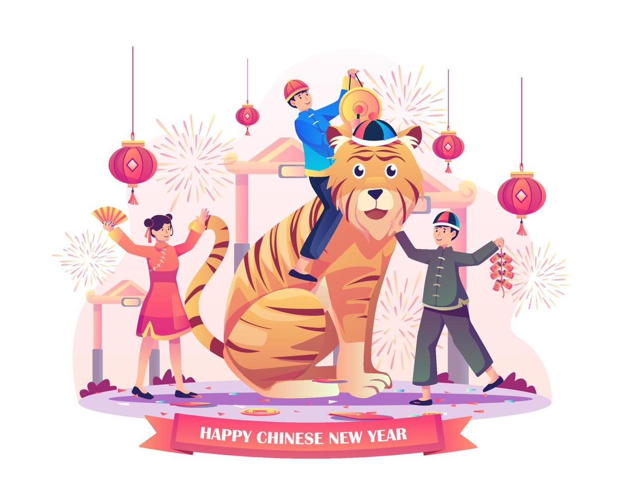 asiatische kinder feiern das chinesische neujahr mit einem jungen, der auf einem tiger reitet und mit knallkörpern, dekorationen und hängenden laternen spielt. Jahr des Tigersternzeichens. flache vektorillustration vektor