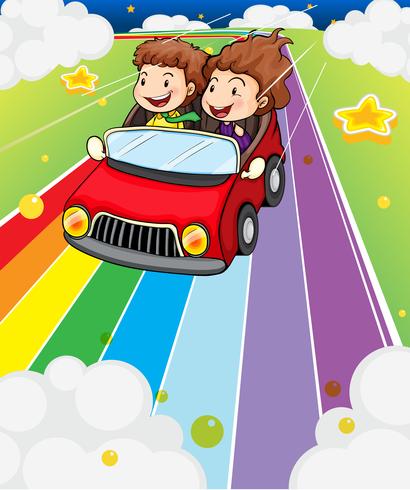 Två barn rider i en röd bil vektor