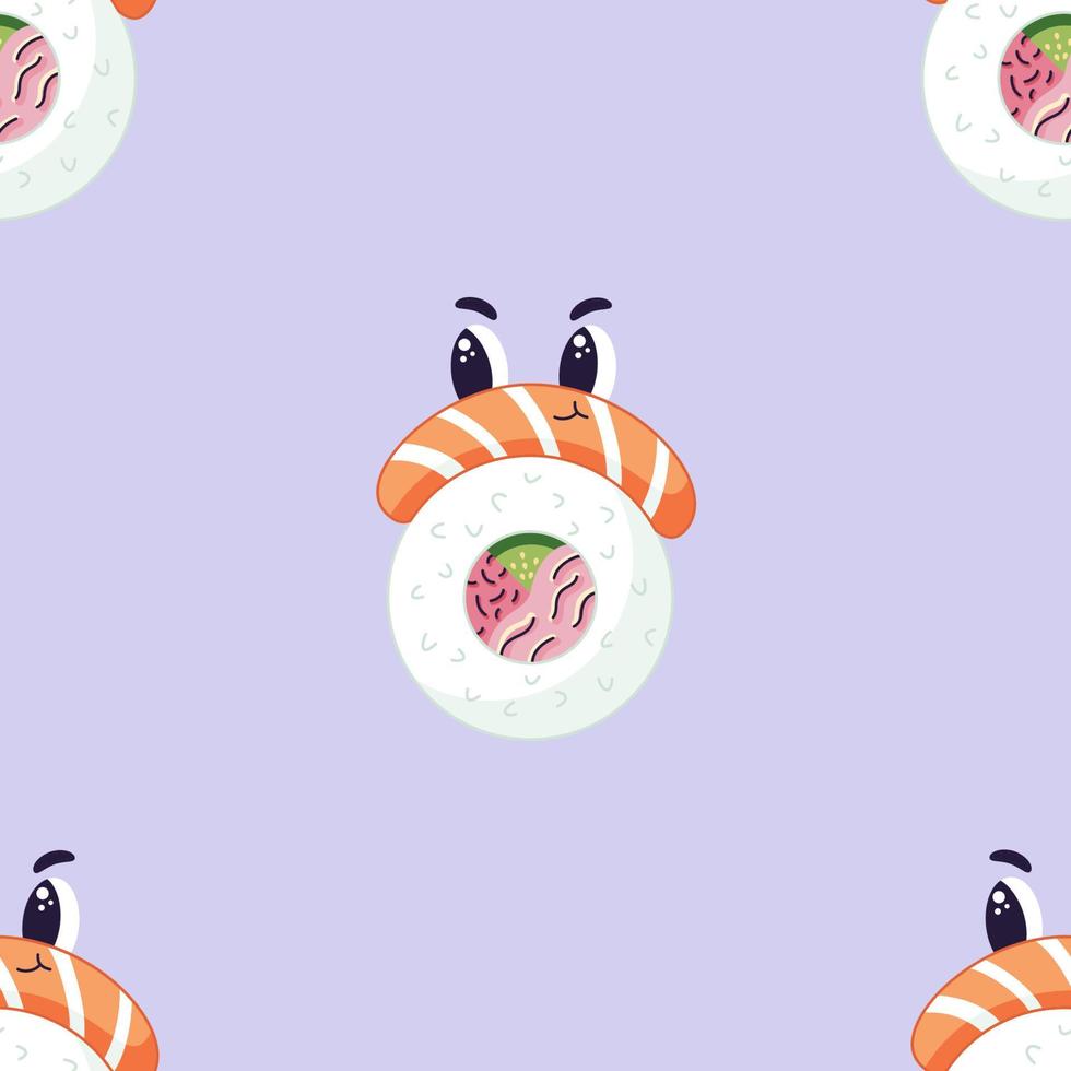 seamless mönster med sushi roll japansk mat, tecknad maki karaktär med lax i en platt stil, textil seamless mönster. vektor