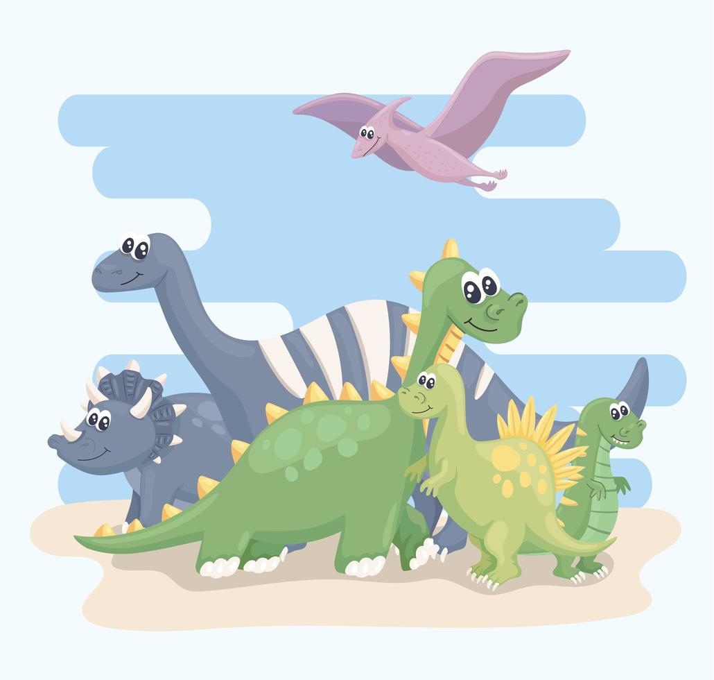 Szene mit sechs Dinosauriern vektor