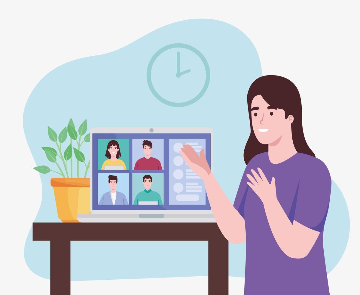 kvinna med människor i virtuell konferens vektor