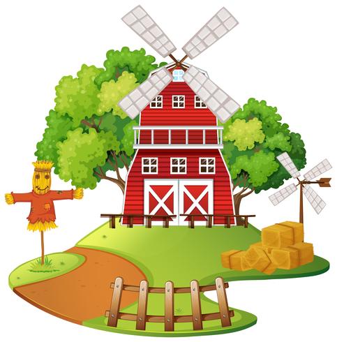 Bauernhofszene mit Windmühle und Vogelscheuche vektor