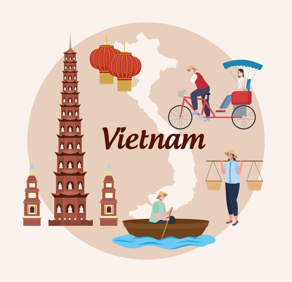 Wahrzeichen und Menschen in Vietnam vektor