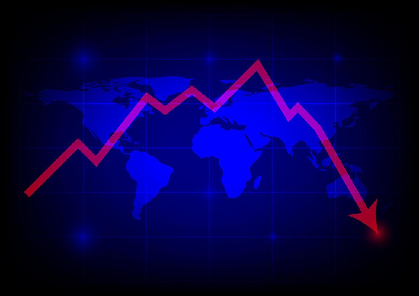 röd graf drop pil ner med världskarta på blå teknik bakgrund. pengar att förlora. aktiekris och finanskoncept. vektor