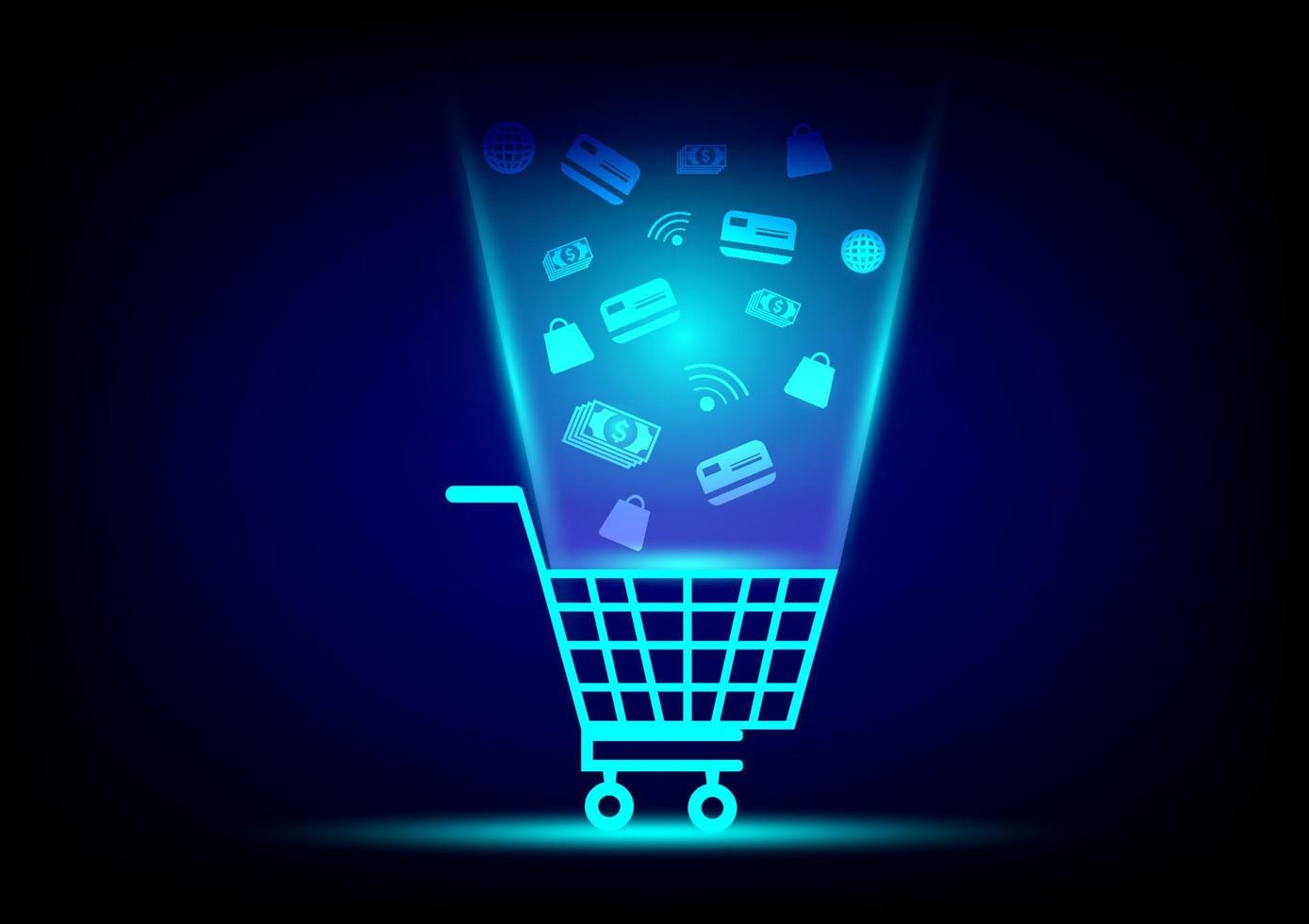 shoppa online koncept. kundvagn, sök, kreditkort och väska virtuell ikon på blå bakgrund. digital marknadsföring, e-handel. karantän för att rädda liv från coronaviruset. vektor